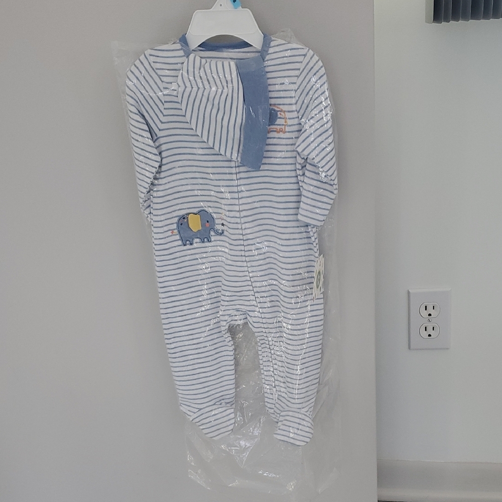 NWT Little Me Blue and White Striped Footie with Elephant Patch And Cap